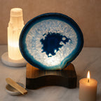 Blue Agate Slice with Wooden Stand & Candle