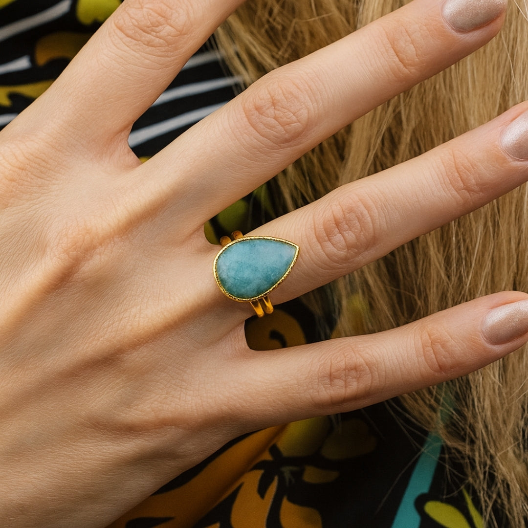 Amazonite Teardrop Adjustable Ring | Natural Green Gemstone 18K Gold Plated Ring | Healing Crystal Boho Jewelry Gift for Her
