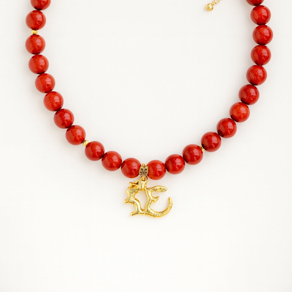 Red Coral Necklace 7 mm | Gold-Plated OM Pendant