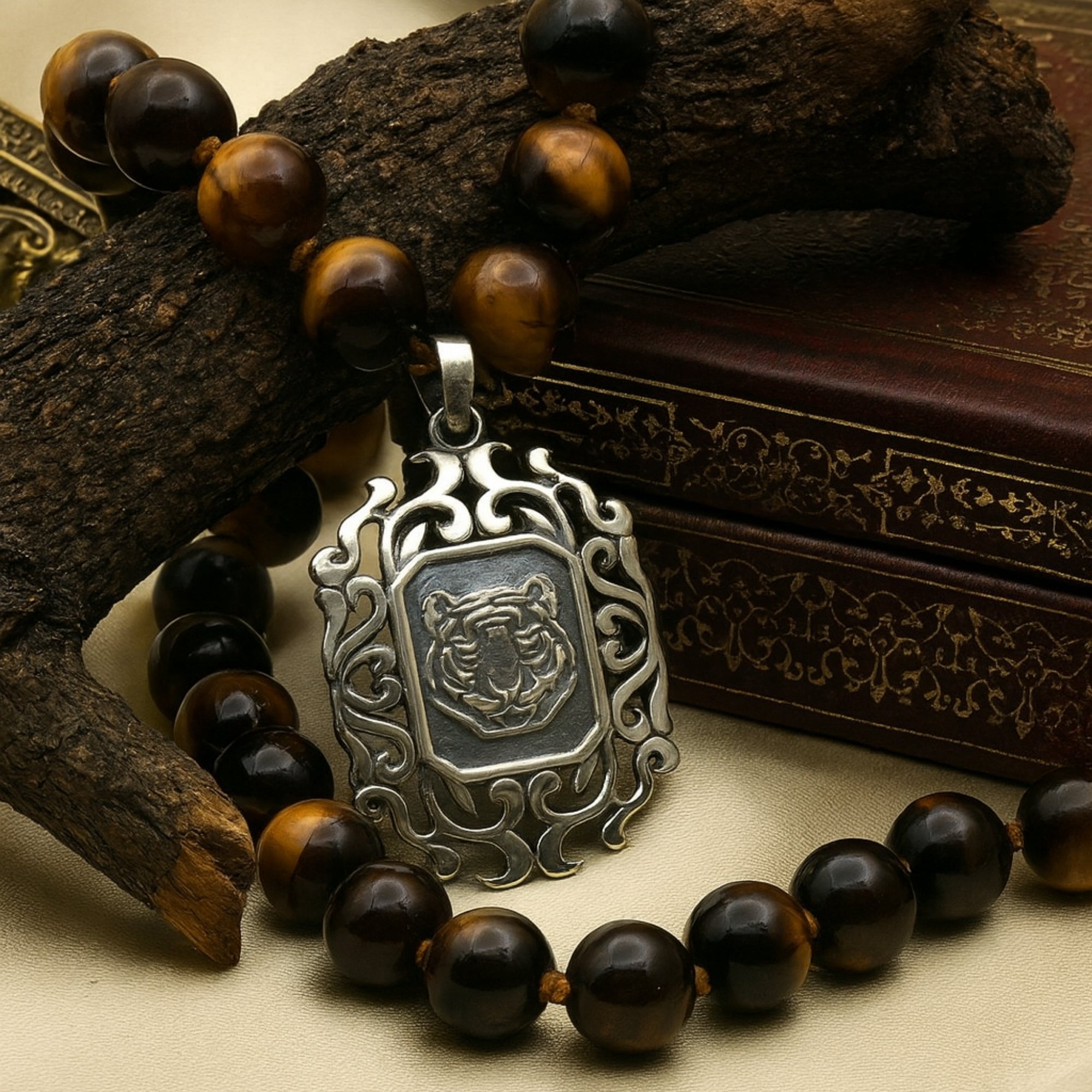 Tiger Eye Necklace 925 Silver | 8mm Premium Hand-Knotted Beads 925 Silver |Tiger Head Pendant