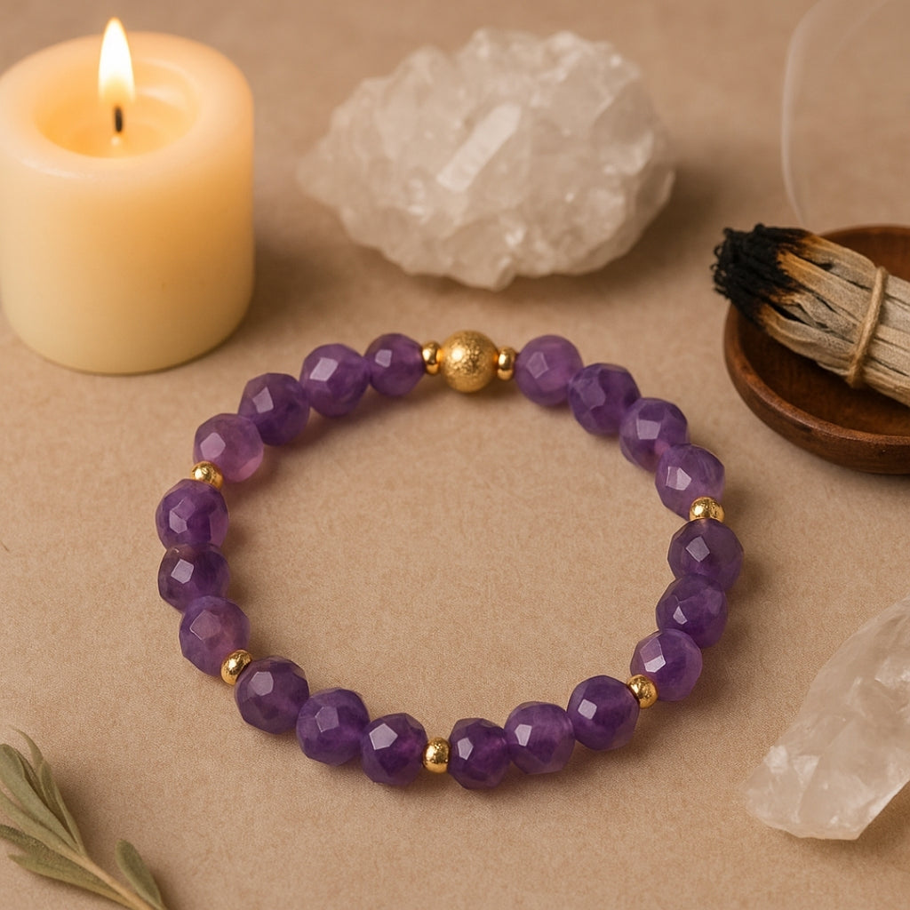 Amethyst Bracelet 8 mm Faceted – Amethyra Veil of Dreams – Arcana Aurora Collection