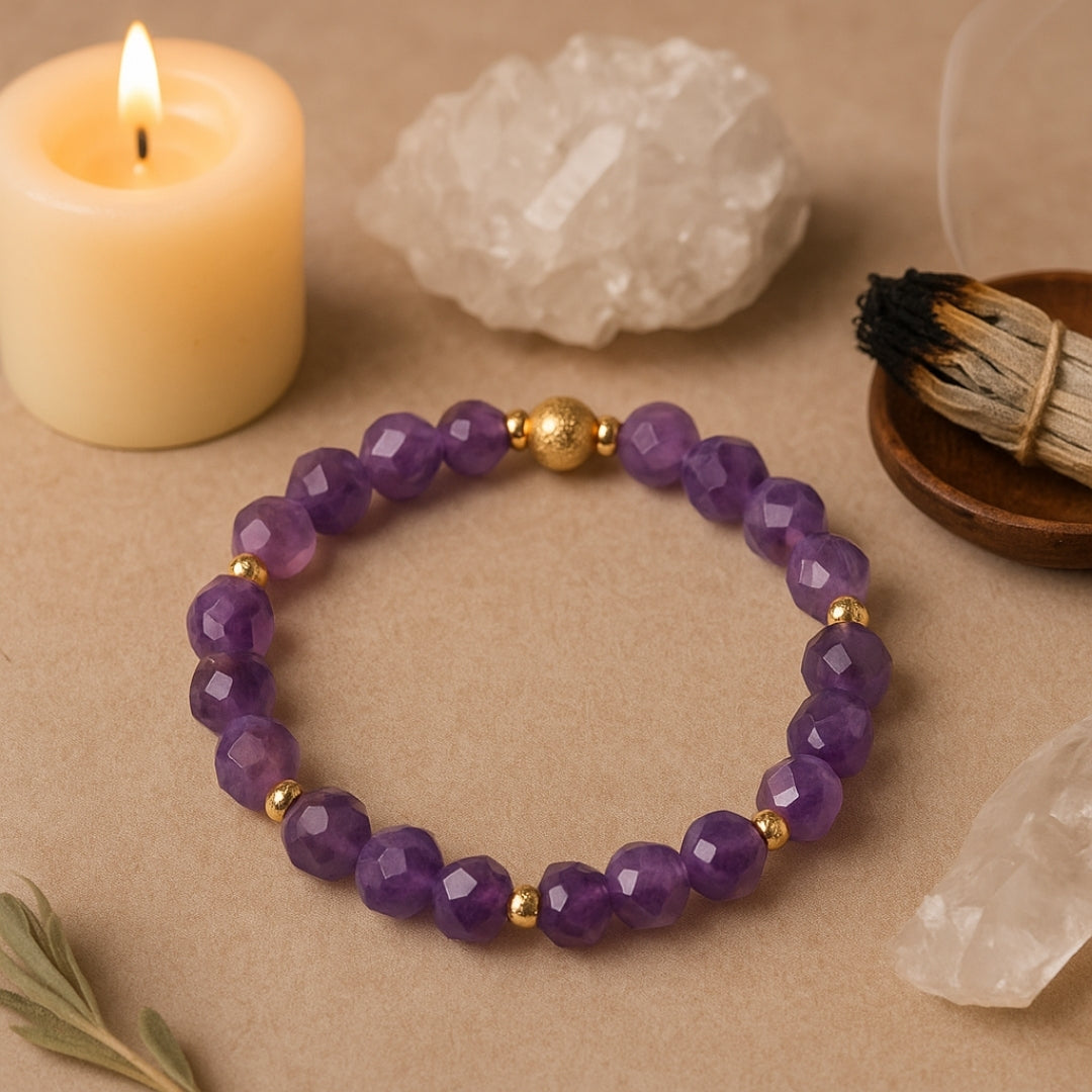 Amethyst Bracelet 8 mm Faceted – Amethyra Veil of Dreams – Arcana Aurora Collection