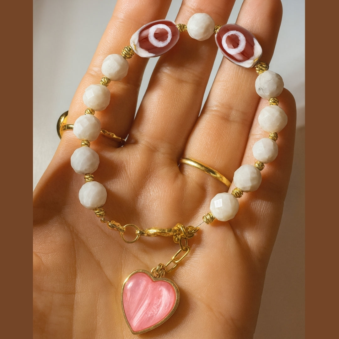 Moonstone & Indian Agate with Pink Heart Charm -White Heart Evil Eye Bracelet