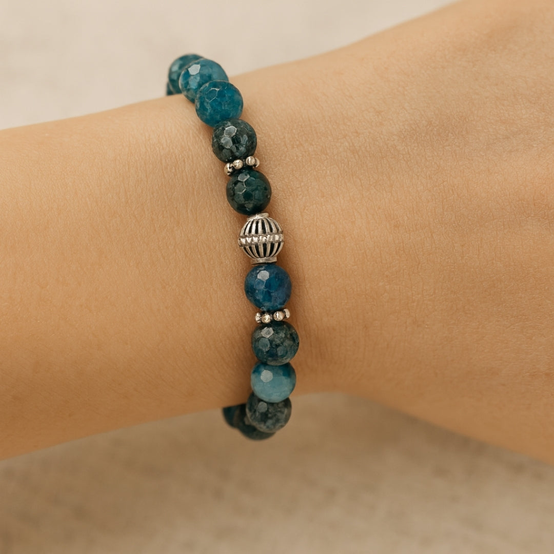 Blue Apatite Bracelet 8mm Natural Faceted Teal Gemstone | 925 Silver |