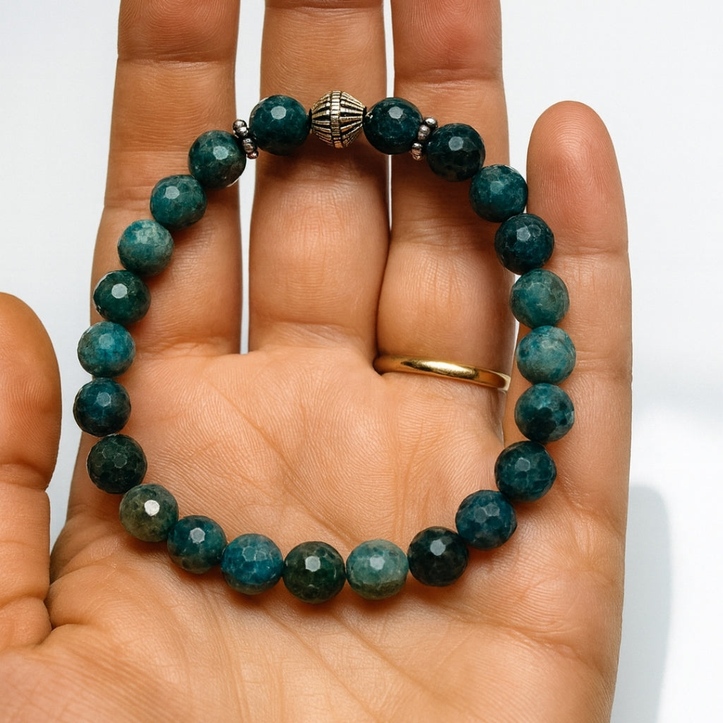 Blue Apatite Bracelet 8mm Natural Faceted Teal Gemstone | 925 Silver |
