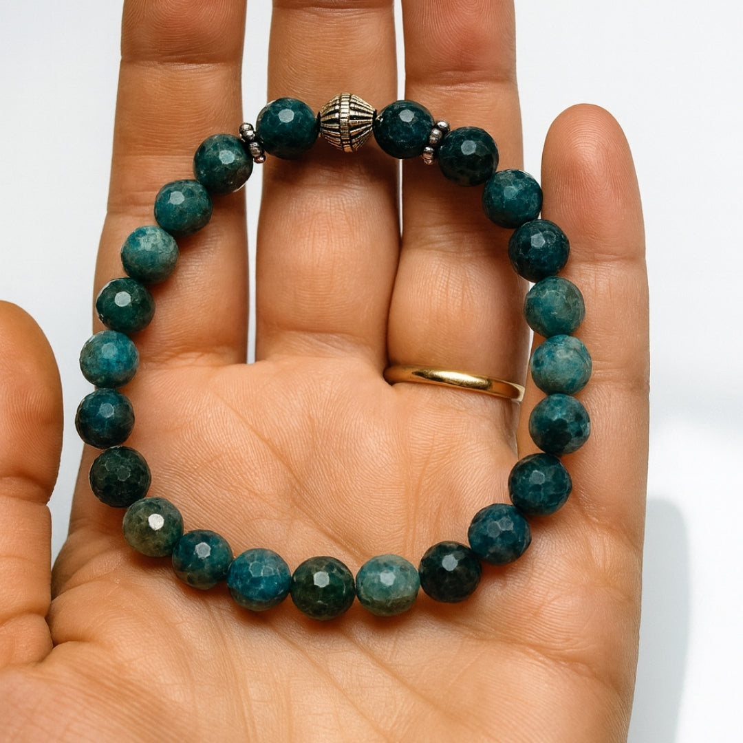 Blue Apatite Bracelet 8mm Natural Faceted Teal Gemstone | 925 Silver |