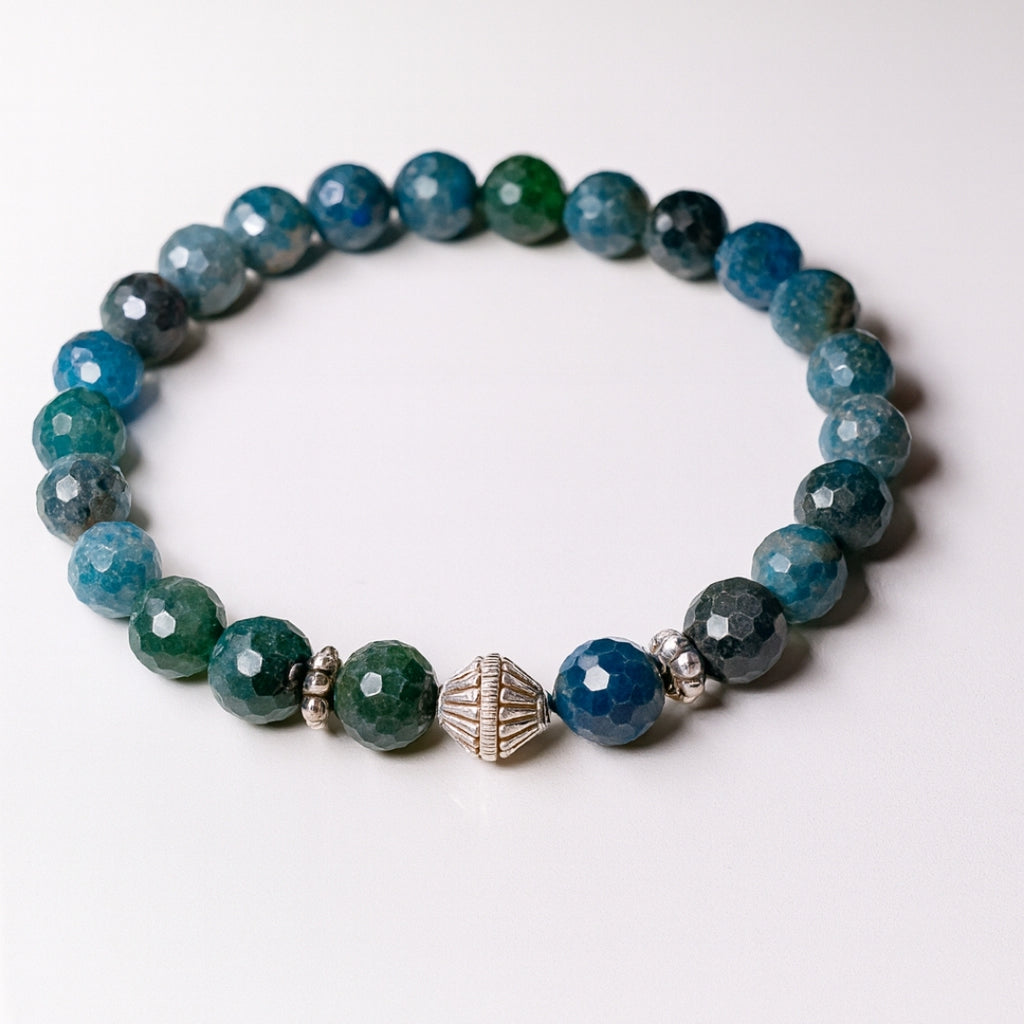 Blue Apatite Bracelet 8mm Natural Faceted Teal Gemstone | 925 Silver |
