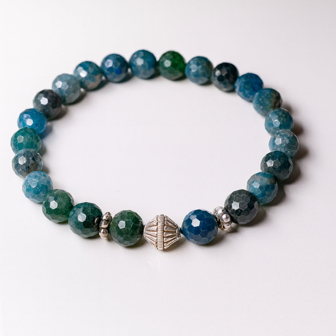Blue Apatite Bracelet 8mm Natural Faceted Teal Gemstone | 925 Silver |