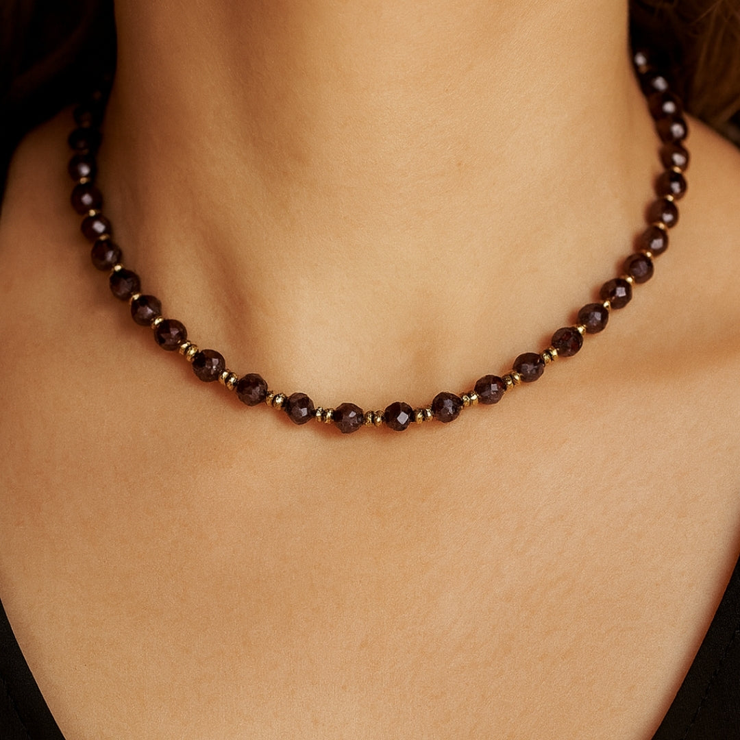 Garnet Core Necklace Faceted Garnet Gold Hematite Choker