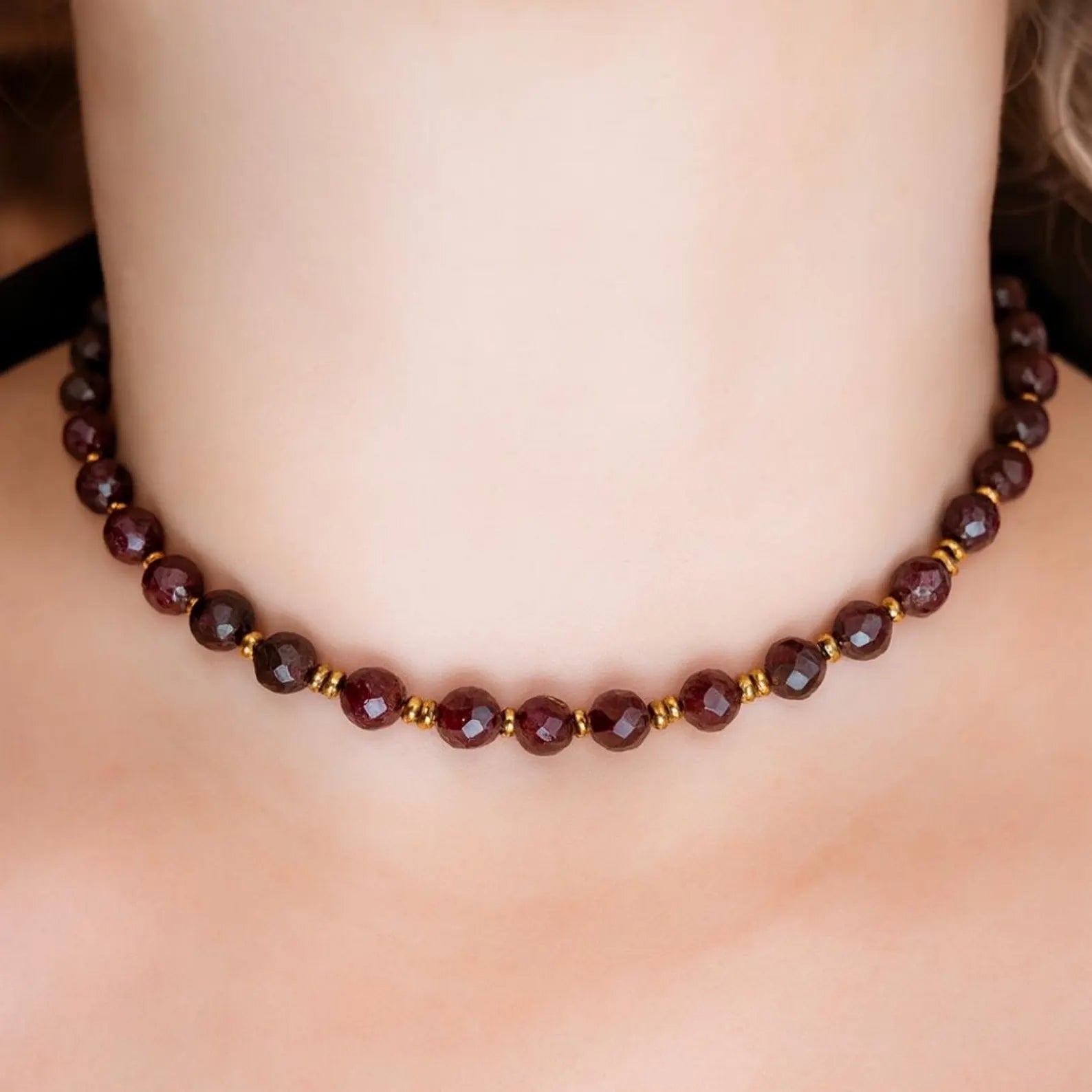 Garnet Core Necklace Faceted Garnet Gold Hematite Choker