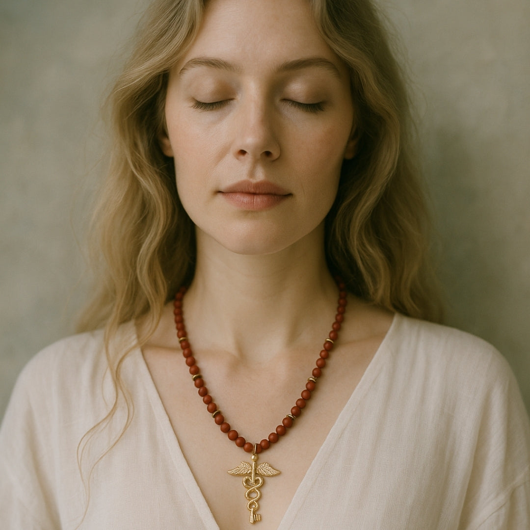 Red Jasper Hermes Talisman Necklace | Gold-Plated Pendant |  Root Chakra Mars Energy Gift