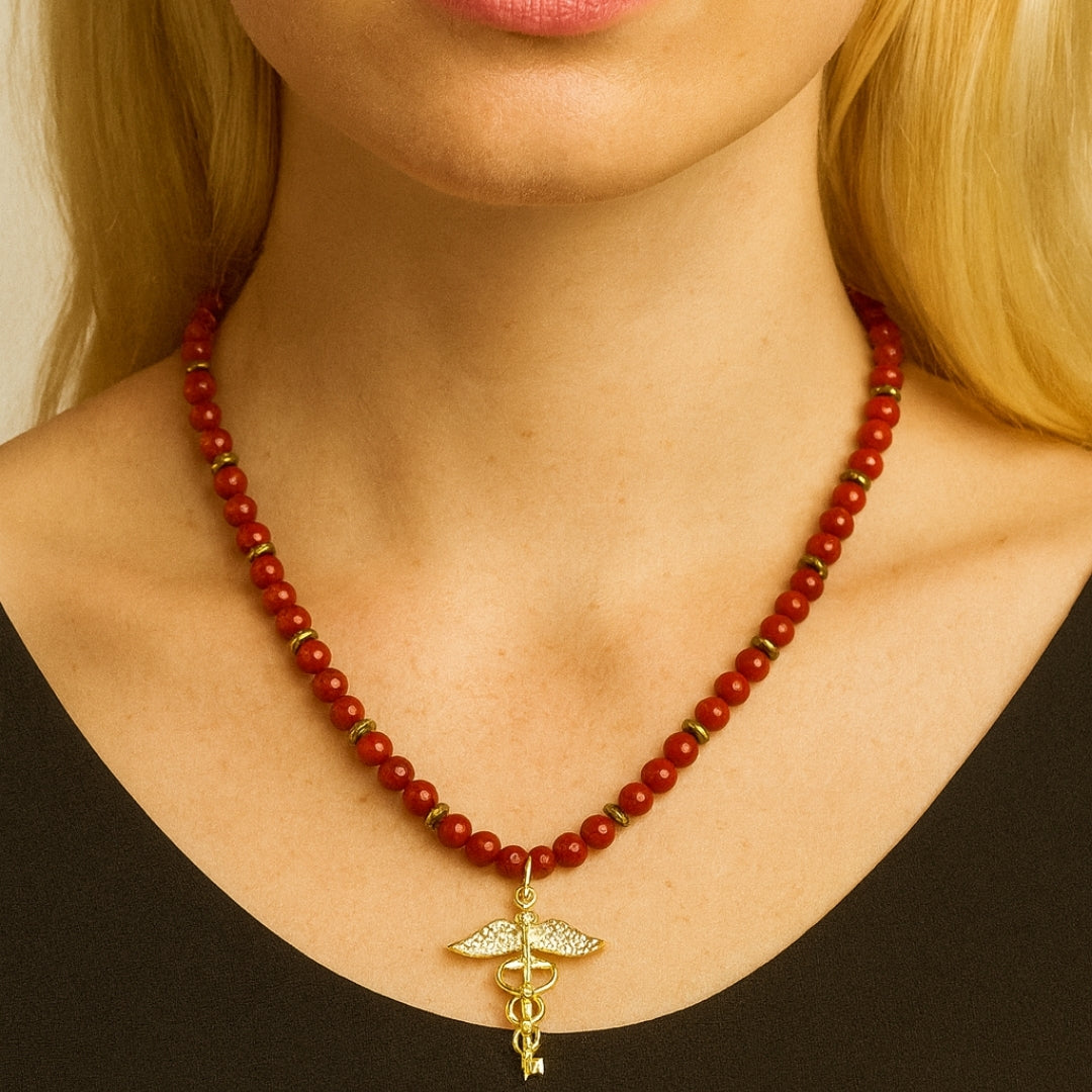 Red Jasper Hermes Talisman Necklace | Gold-Plated Pendant |  Root Chakra Mars Energy Gift