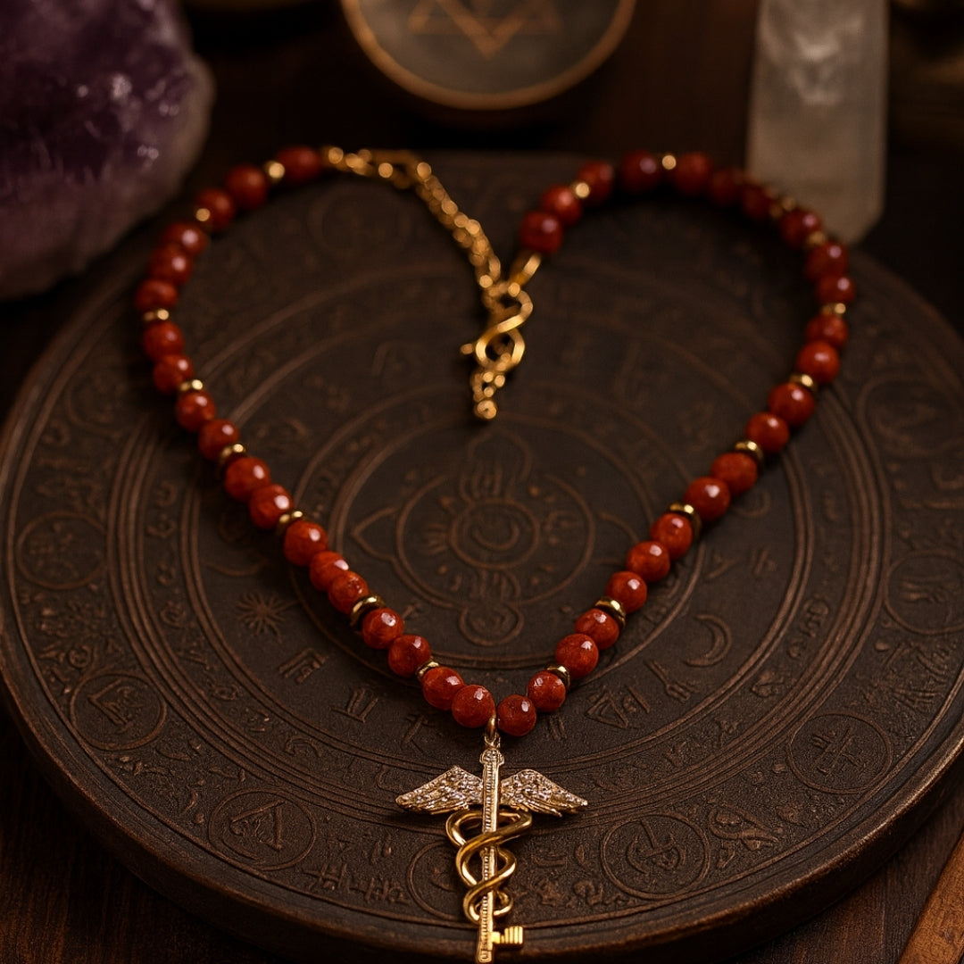 Red Jasper Hermes Talisman Necklace | Gold-Plated Pendant |  Root Chakra Mars Energy Gift
