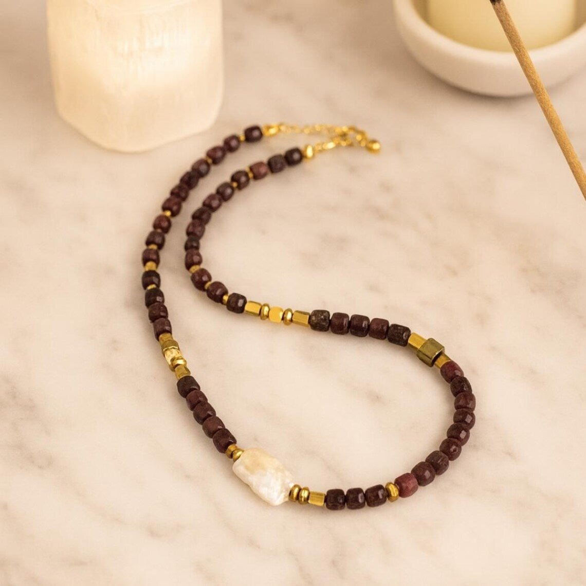 Juno’s Divine Fire Grace Ruby, Hematite Baroque Pearl Necklace Luxury Gemstone Necklace