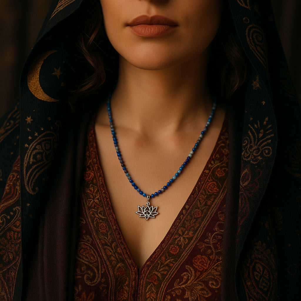 Lapis Lazuli Lotus Necklace | Spiritual Awakening Jewelry with Silver Lotus Pendant - Lotus Amulet for Enlightenment - Divine Connection