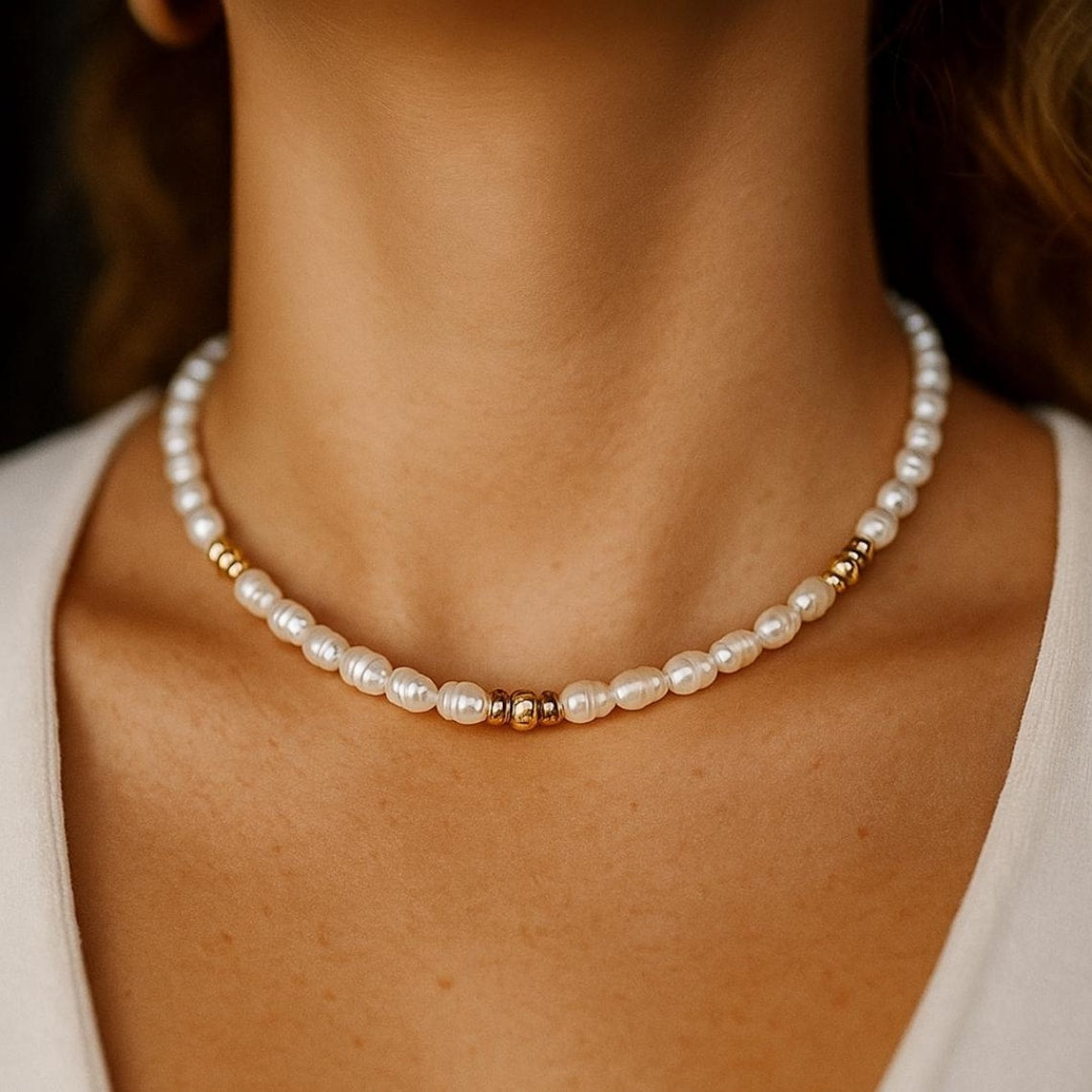 Lunar Pearl Choker – Soft Moonlight Edition Freshwater Necklace with Gold Accents Minimalist Bridal Jewelry