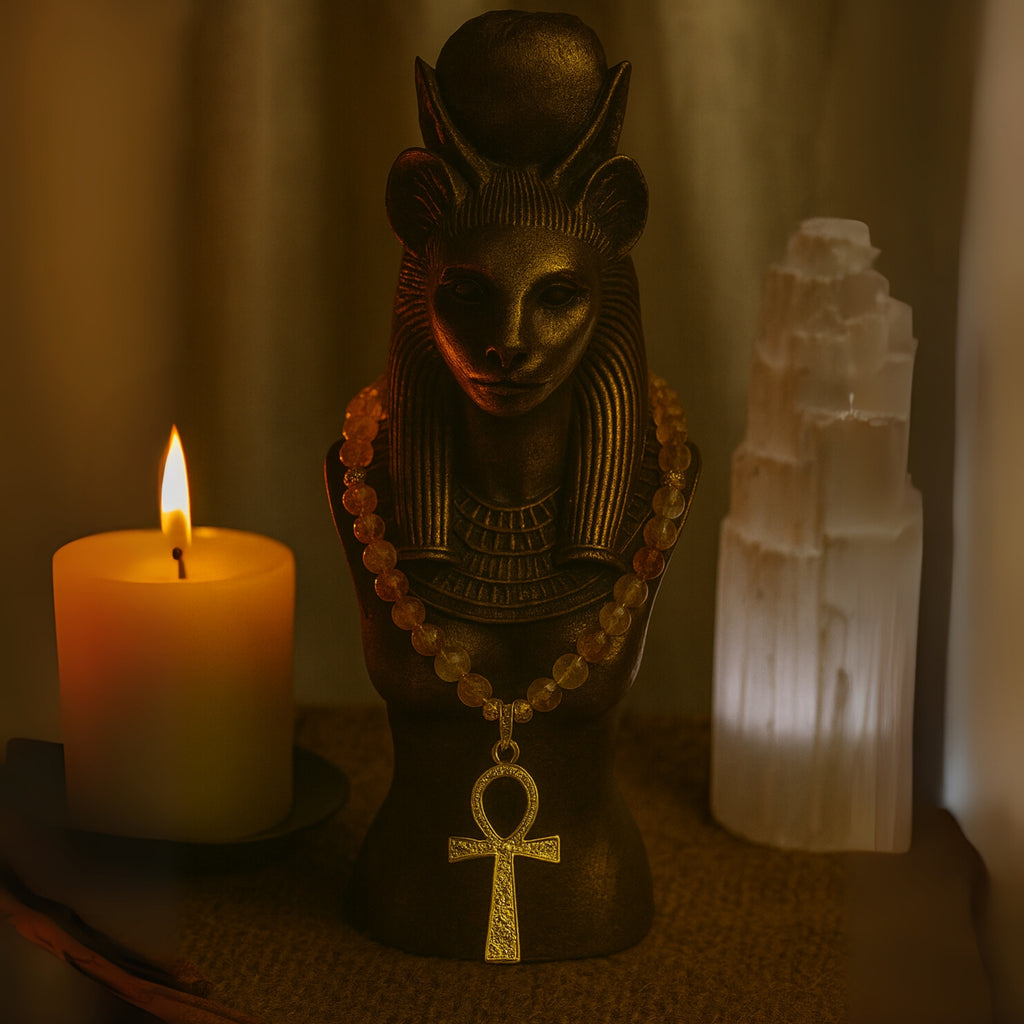 Citrine Ankh Necklace | 6mm Faceted Citrine | Gold-Plated Ankh Pendant | Abundance • Vitality • Protection | Luxury Handmade Gift