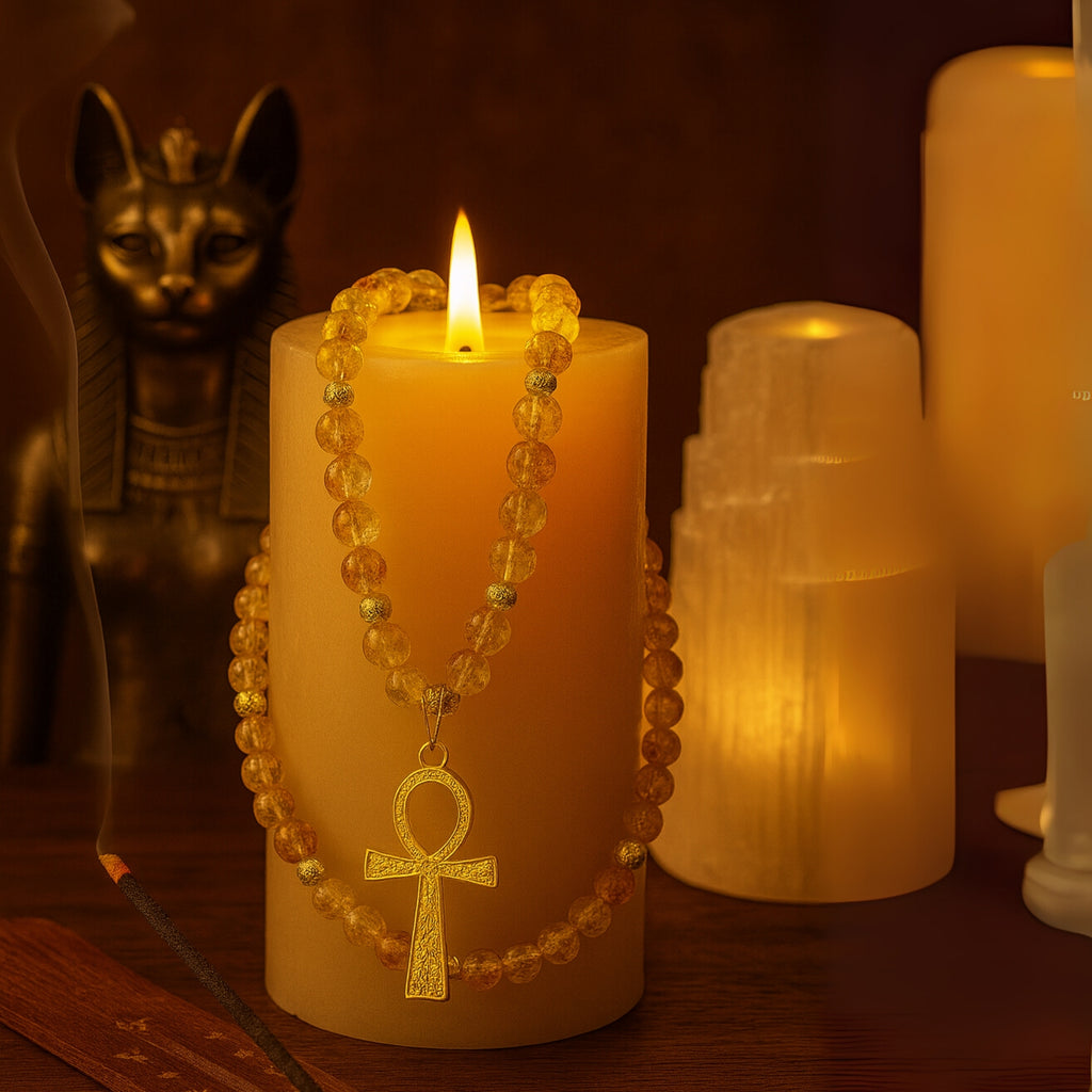 Citrine Ankh Necklace | 6mm Faceted Citrine | Gold-Plated Ankh Pendant | Abundance • Vitality • Protection | Luxury Handmade Gift