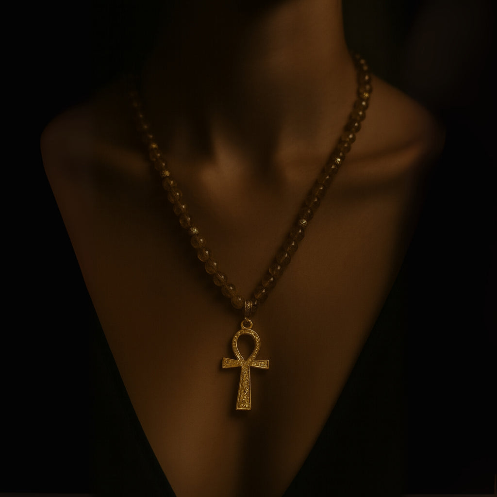 Citrine Ankh Necklace | 6mm Faceted Citrine | Gold-Plated Ankh Pendant | Abundance • Vitality • Protection | Luxury Handmade Gift