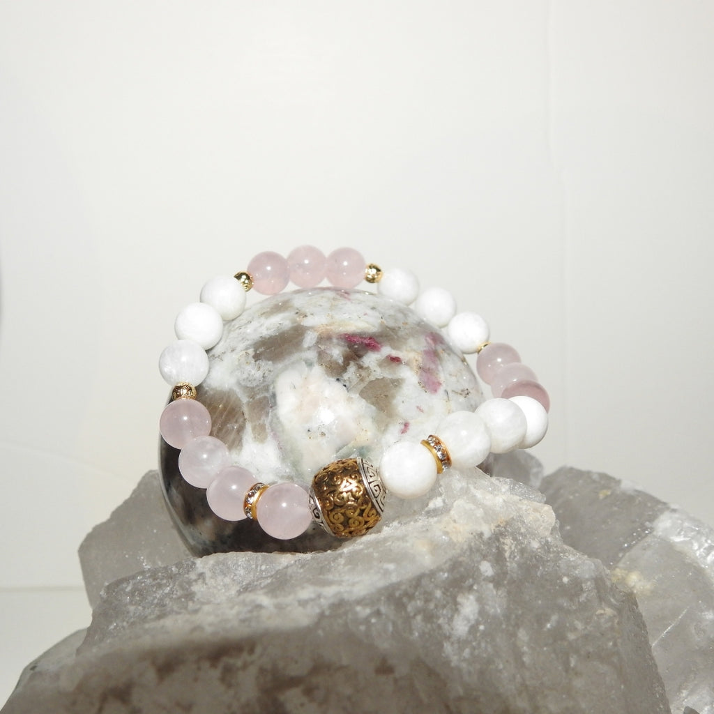 Moonstone Rose Quartz Bracelet | Love Energy & Feminine Intuition Gift |  Heart Chakra Gems