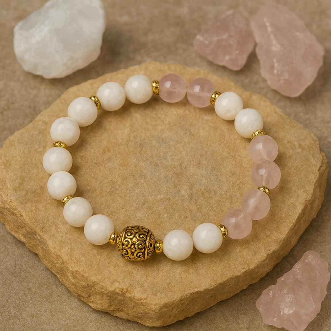 Moonstone Rose Quartz Bracelet | Love Energy & Feminine Intuition Gift |  Heart Chakra Gems