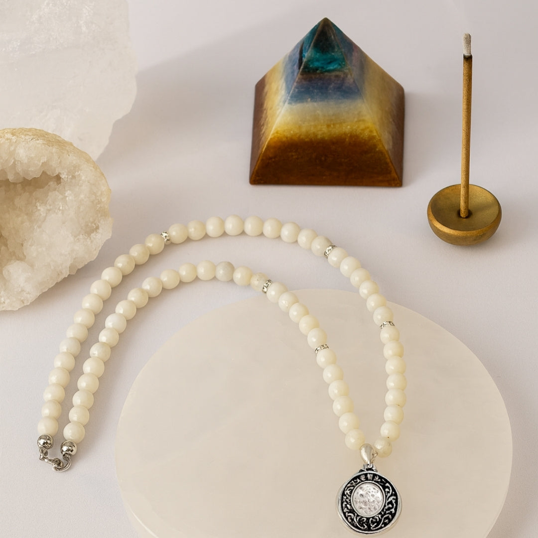 Moonstone Necklace 6mm | AAA White Moonstone with Antique Medallion | Goddess Jewelry | Starseed & Astral Crystal Talisman