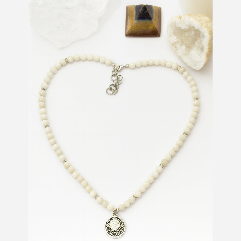 Moonstone Necklace 6mm | AAA White Moonstone with Antique Medallion | Goddess Jewelry | Starseed & Astral Crystal Talisman