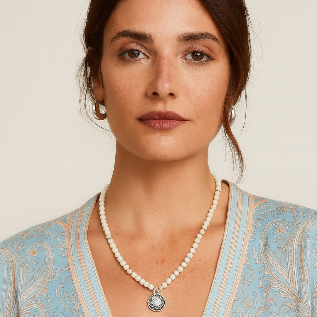 Moonstone Necklace 6mm | AAA White Moonstone with Antique Medallion | Goddess Jewelry | Starseed & Astral Crystal Talisman