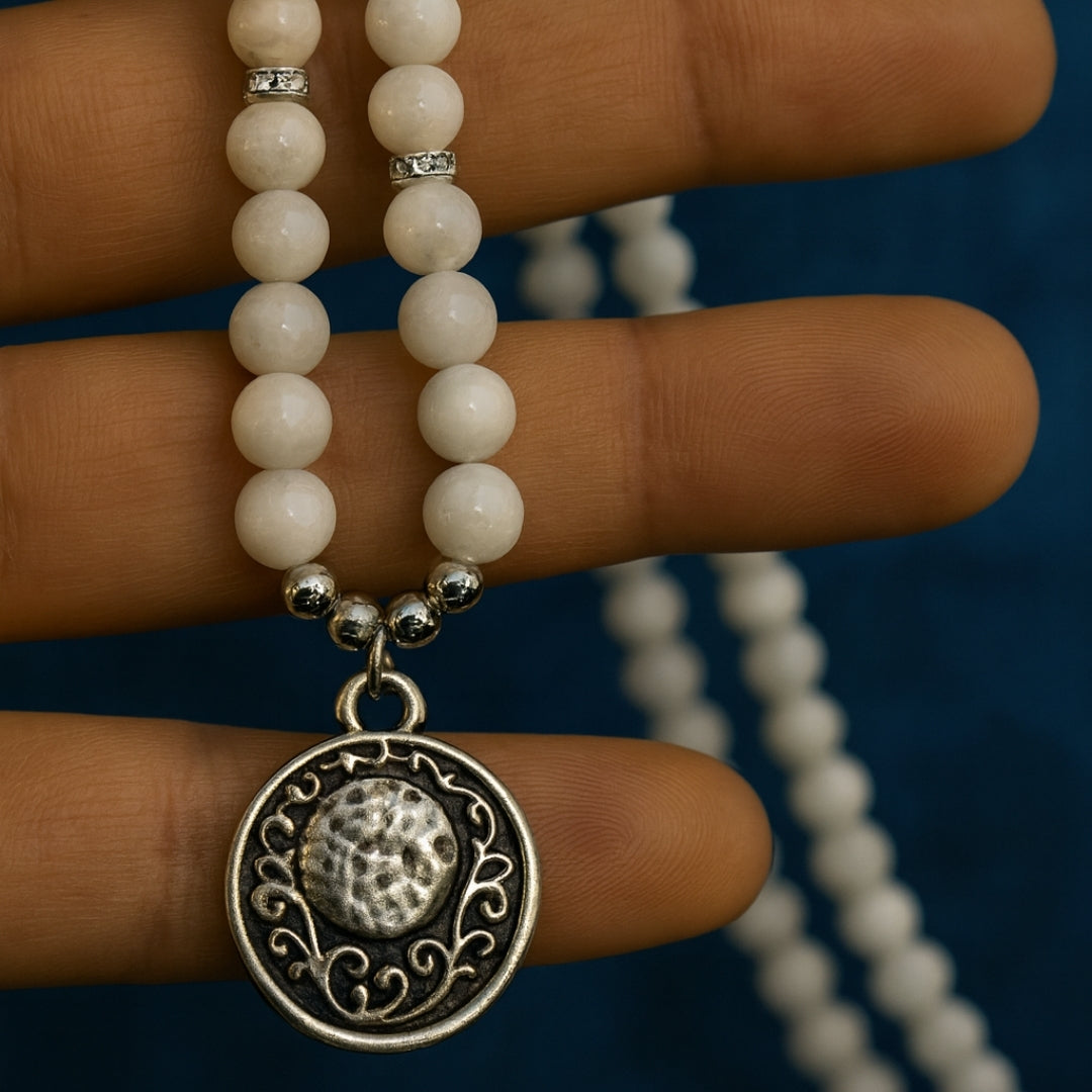 Moonstone Necklace 6mm | AAA White Moonstone with Antique Medallion | Goddess Jewelry | Starseed & Astral Crystal Talisman