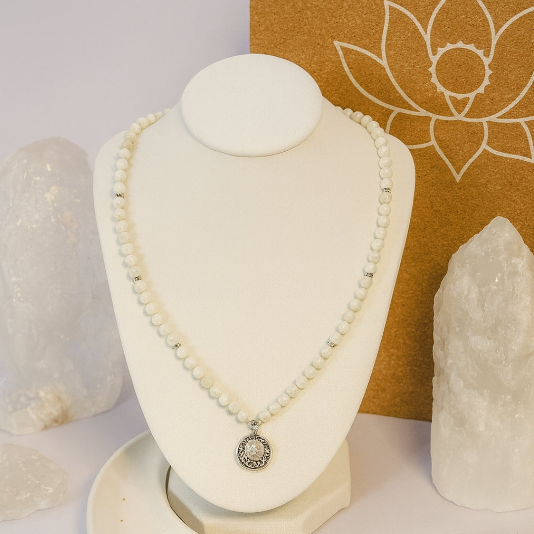 Moonstone Necklace 6mm | AAA White Moonstone with Antique Medallion | Goddess Jewelry | Starseed & Astral Crystal Talisman