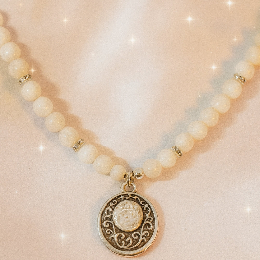 Moonstone Necklace 6mm | AAA White Moonstone with Antique Medallion | Goddess Jewelry | Starseed & Astral Crystal Talisman