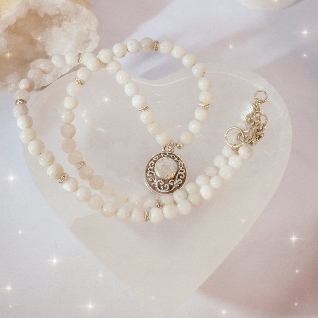 Moonstone Necklace 6mm | AAA White Moonstone with Antique Medallion | Goddess Jewelry | Starseed & Astral Crystal Talisman