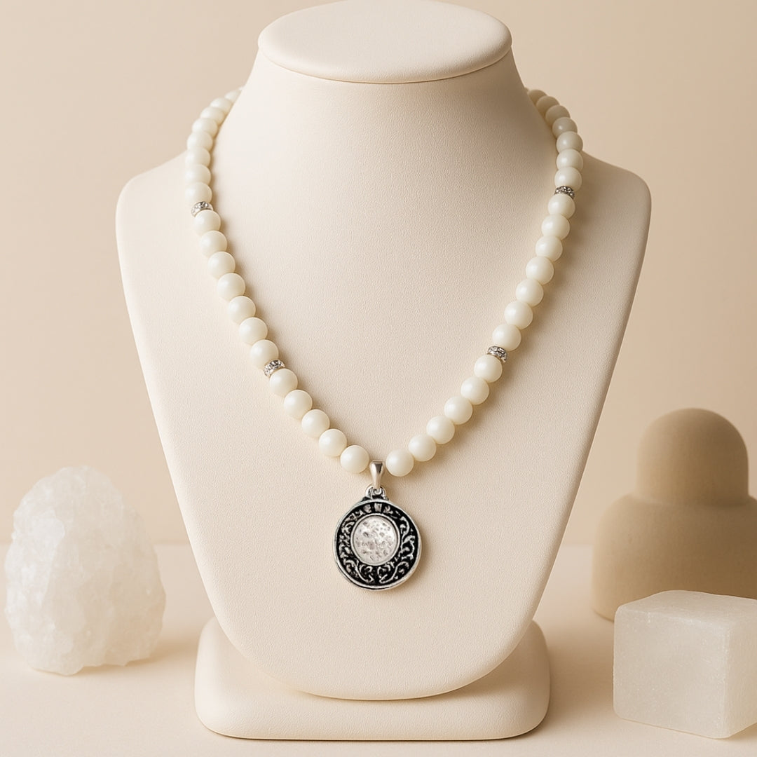 Moonstone Necklace 6mm | AAA White Moonstone with Antique Medallion | Goddess Jewelry | Starseed & Astral Crystal Talisman