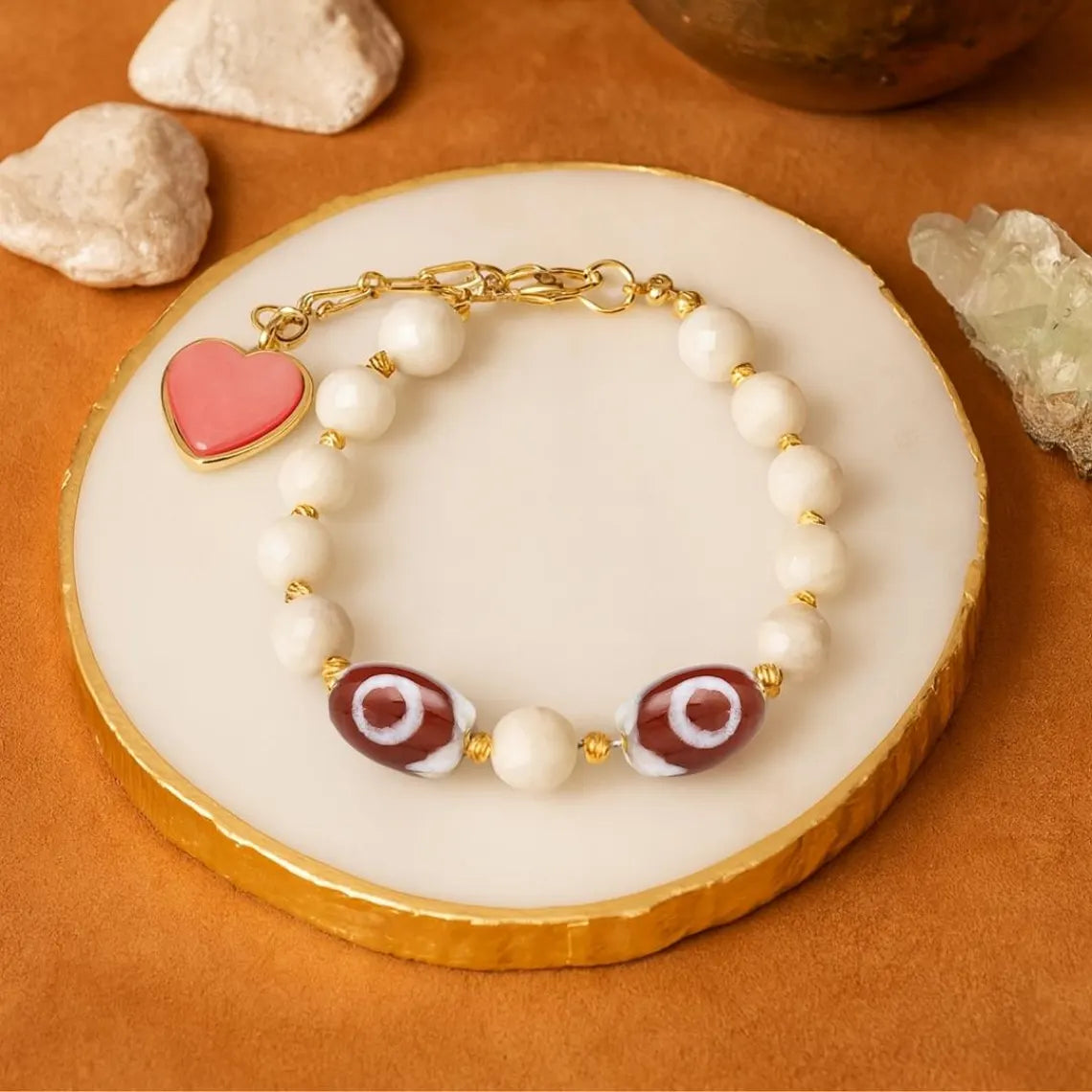 Moonstone & Indian Agate with Pink Heart Charm -White Heart Evil Eye Bracelet