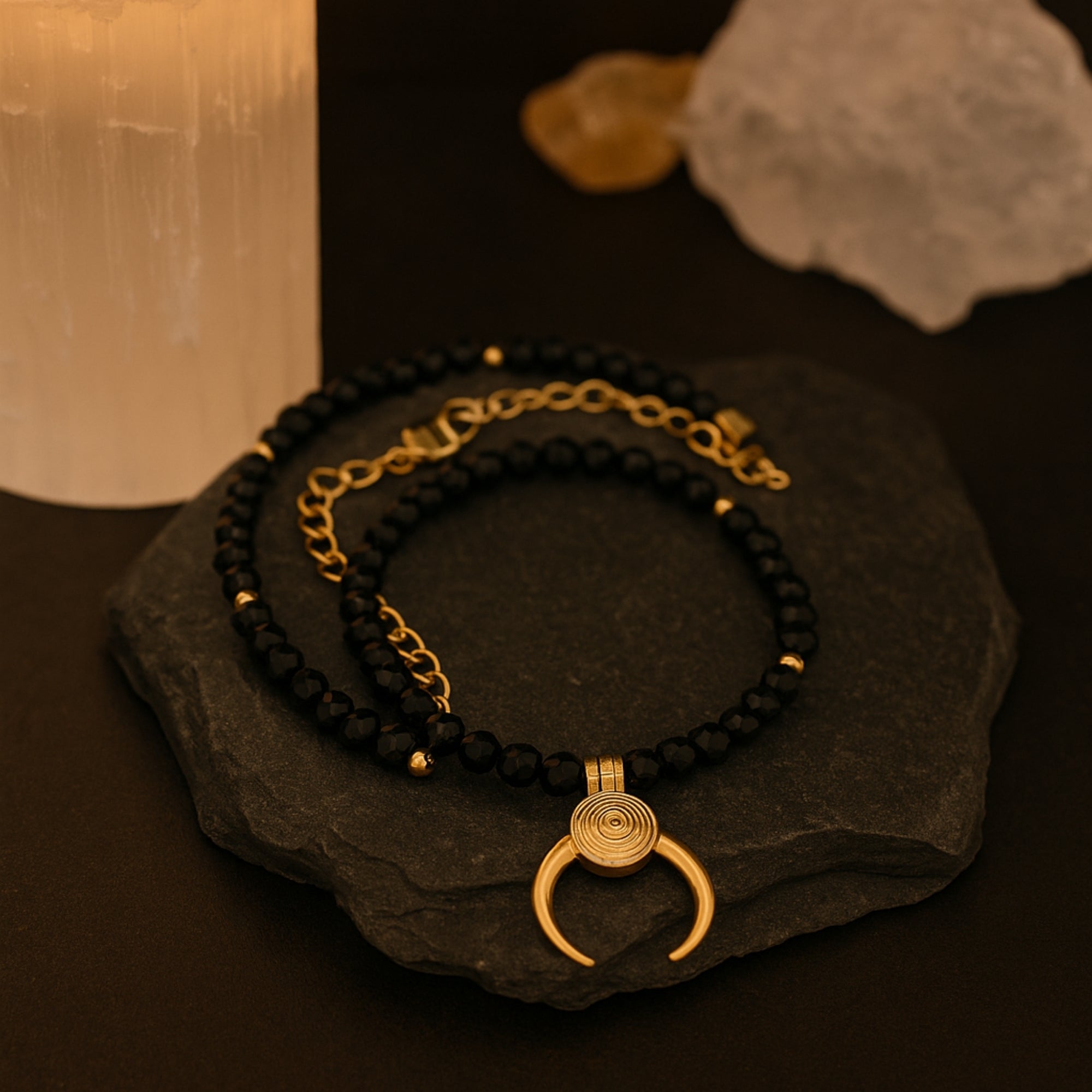 Black Obsidian Crescent Moon Necklace Gold Plated Protective Amulet Grounding & Intuition | Spiritual Jewelry for Energy Shield