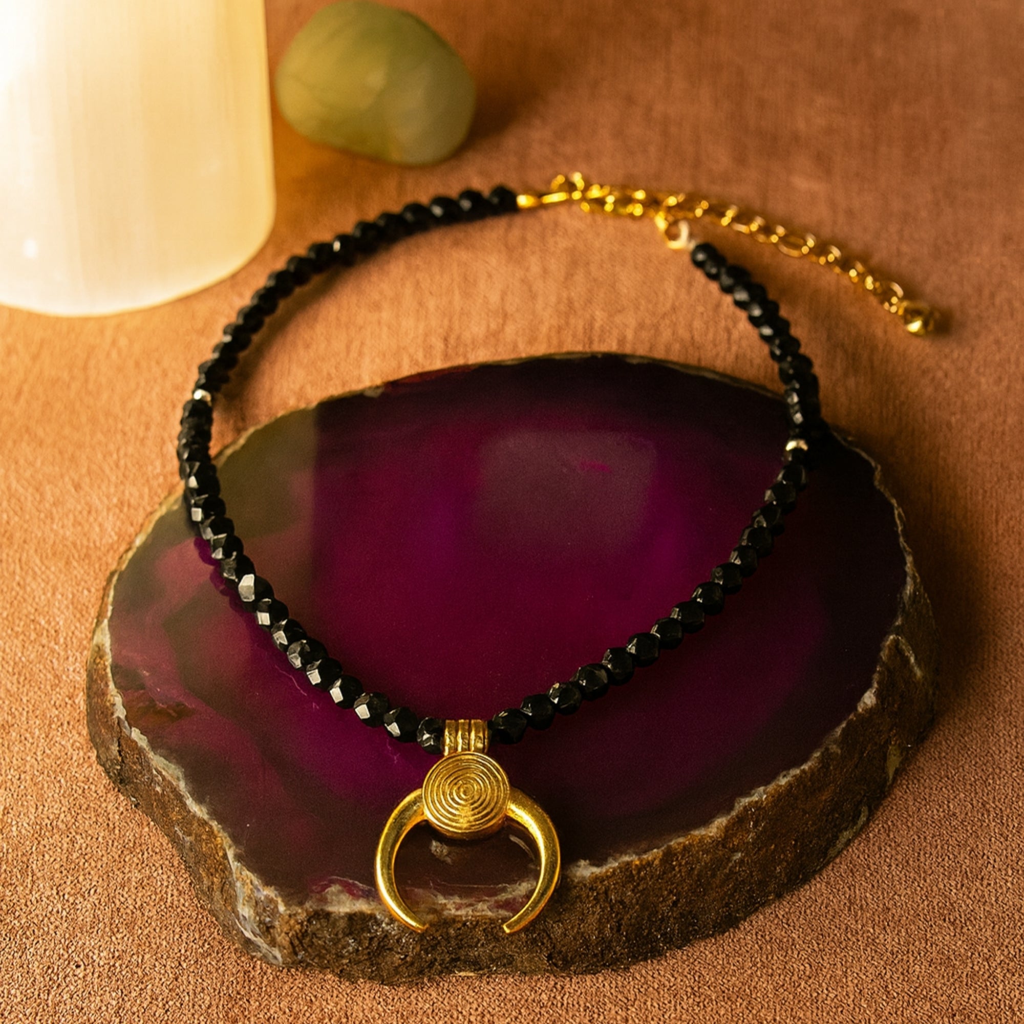 Black Obsidian Crescent Moon Necklace Gold Plated Protective Amulet Grounding & Intuition | Spiritual Jewelry for Energy Shield