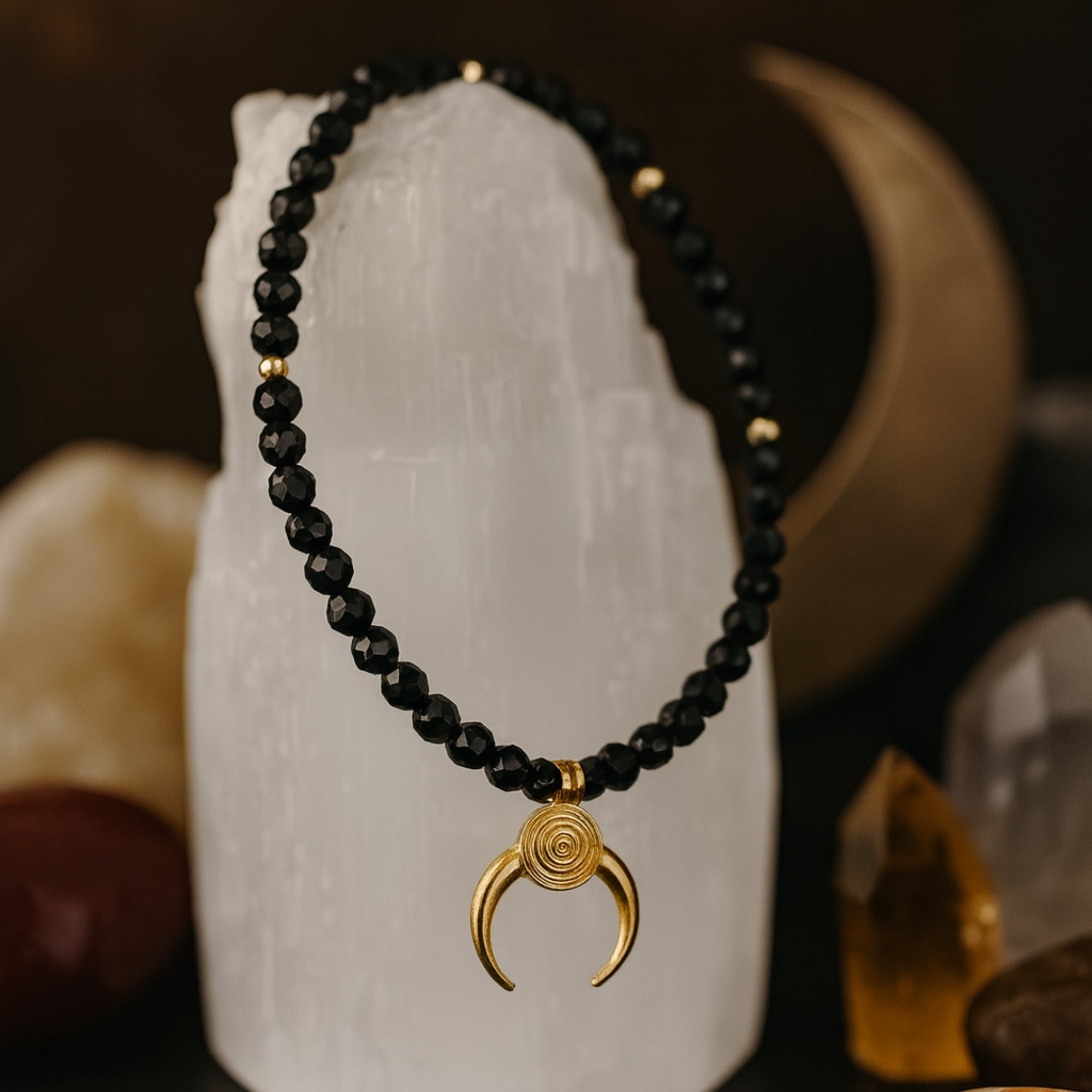 Black Obsidian Crescent Moon Necklace Gold Plated Protective Amulet Grounding & Intuition | Spiritual Jewelry for Energy Shield