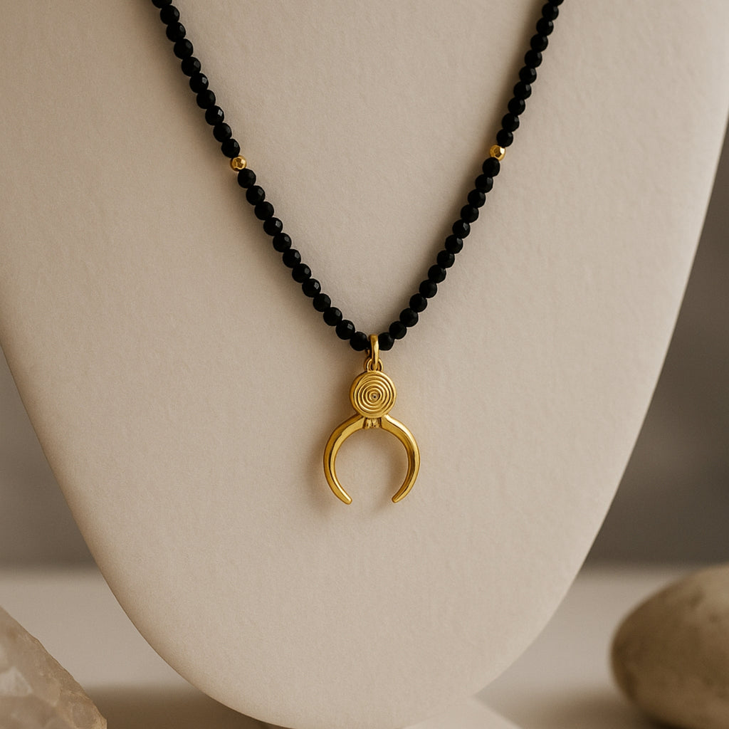 Black Obsidian Crescent Moon Necklace Gold Plated Protective Amulet Grounding & Intuition | Spiritual Jewelry for Energy Shield