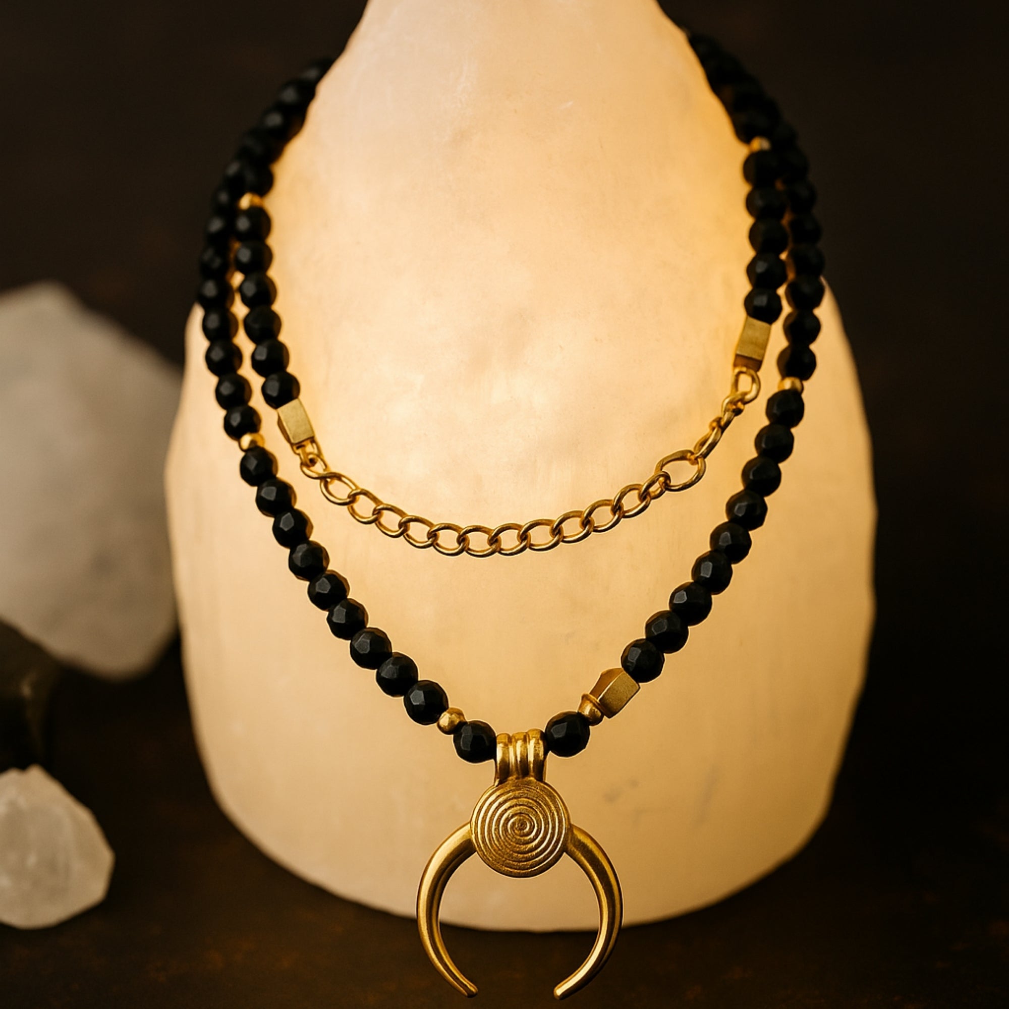Black Obsidian Crescent Moon Necklace Gold Plated Protective Amulet Grounding & Intuition | Spiritual Jewelry for Energy Shield