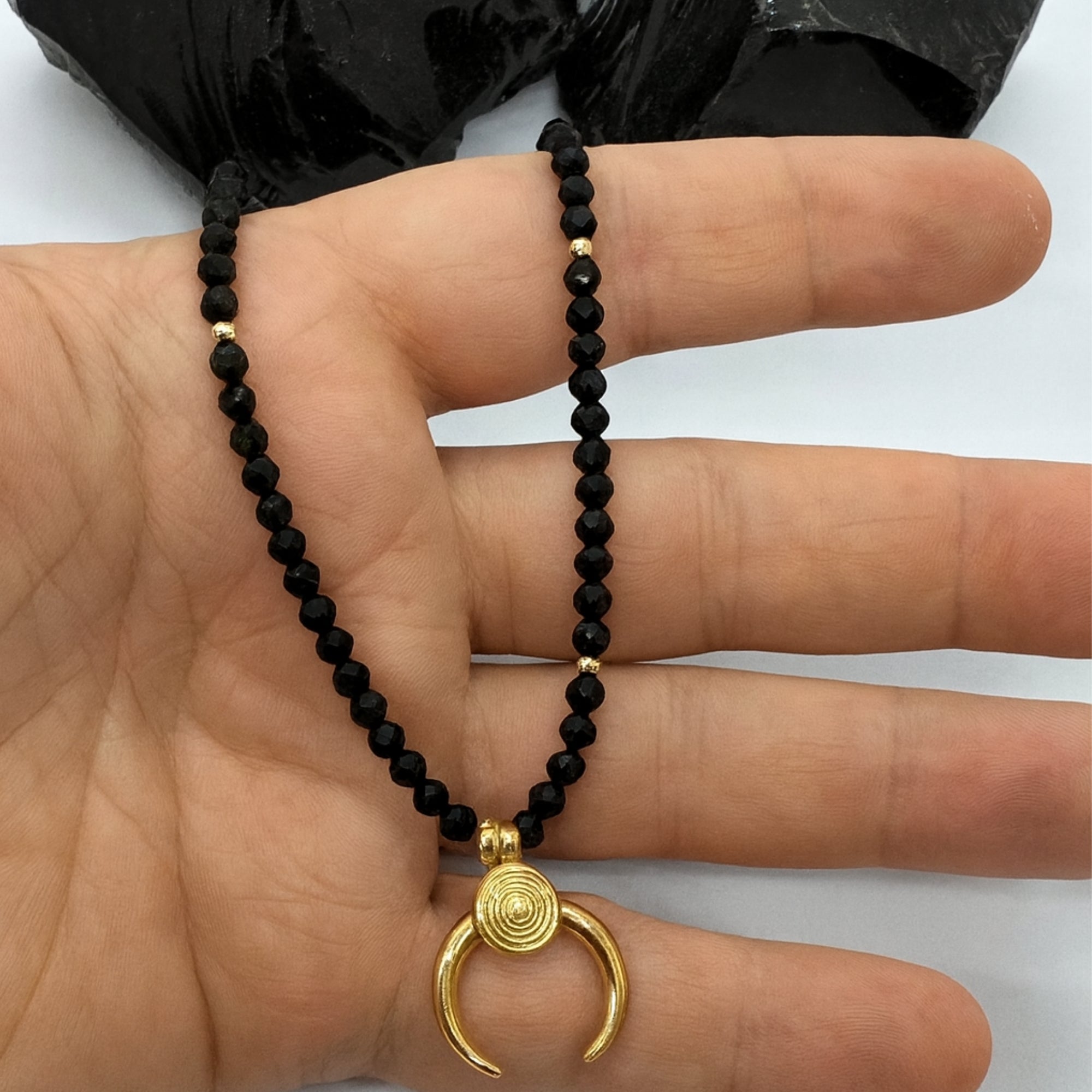 Black Obsidian Crescent Moon Necklace Gold Plated Protective Amulet Grounding & Intuition | Spiritual Jewelry for Energy Shield