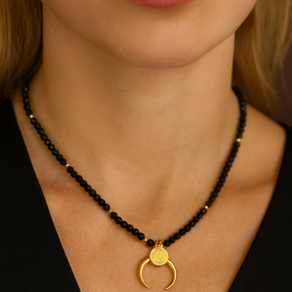 Black Obsidian Crescent Moon Necklace Gold Plated Protective Amulet Grounding & Intuition | Spiritual Jewelry for Energy Shield
