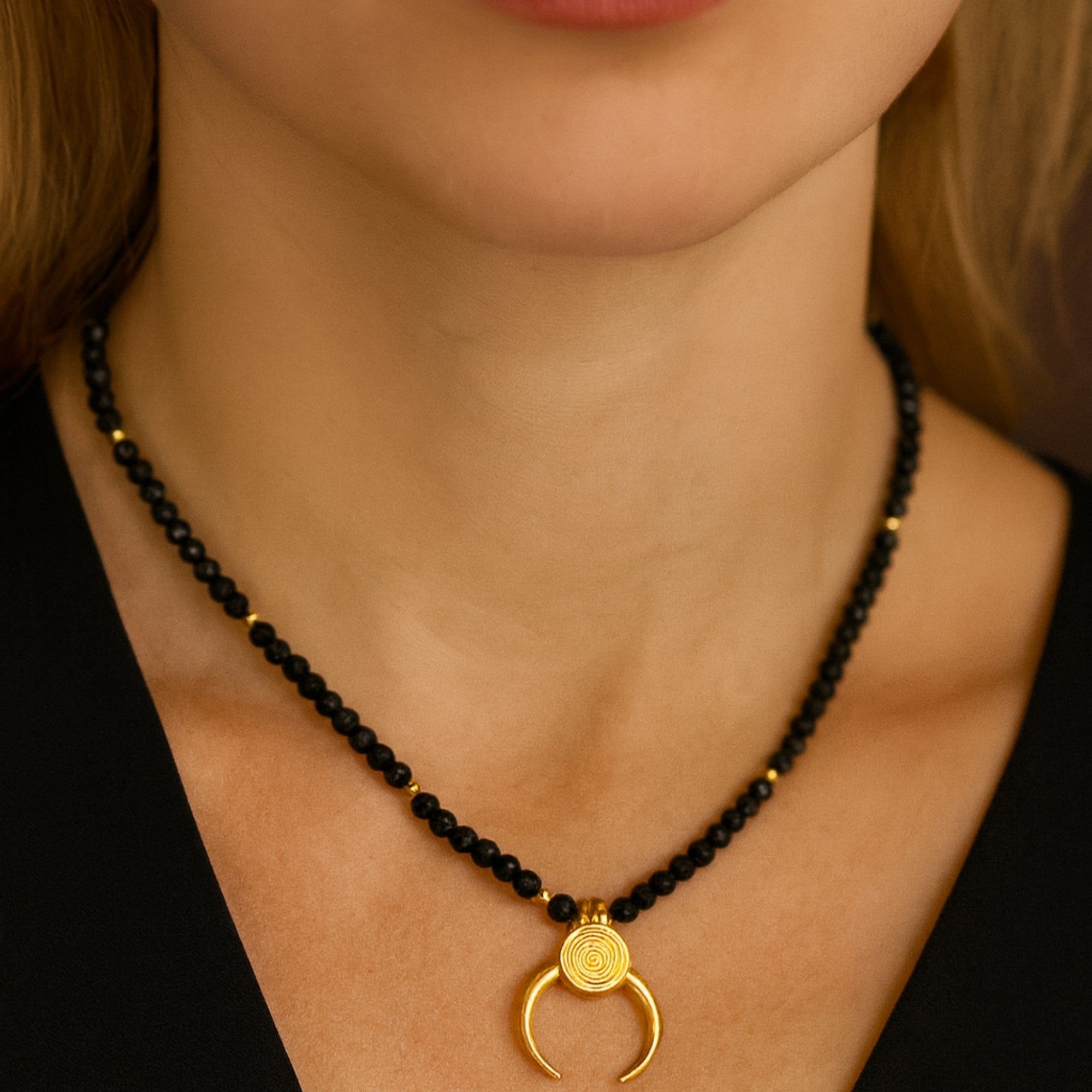 Black Obsidian Crescent Moon Necklace Gold Plated Protective Amulet Grounding & Intuition | Spiritual Jewelry for Energy Shield