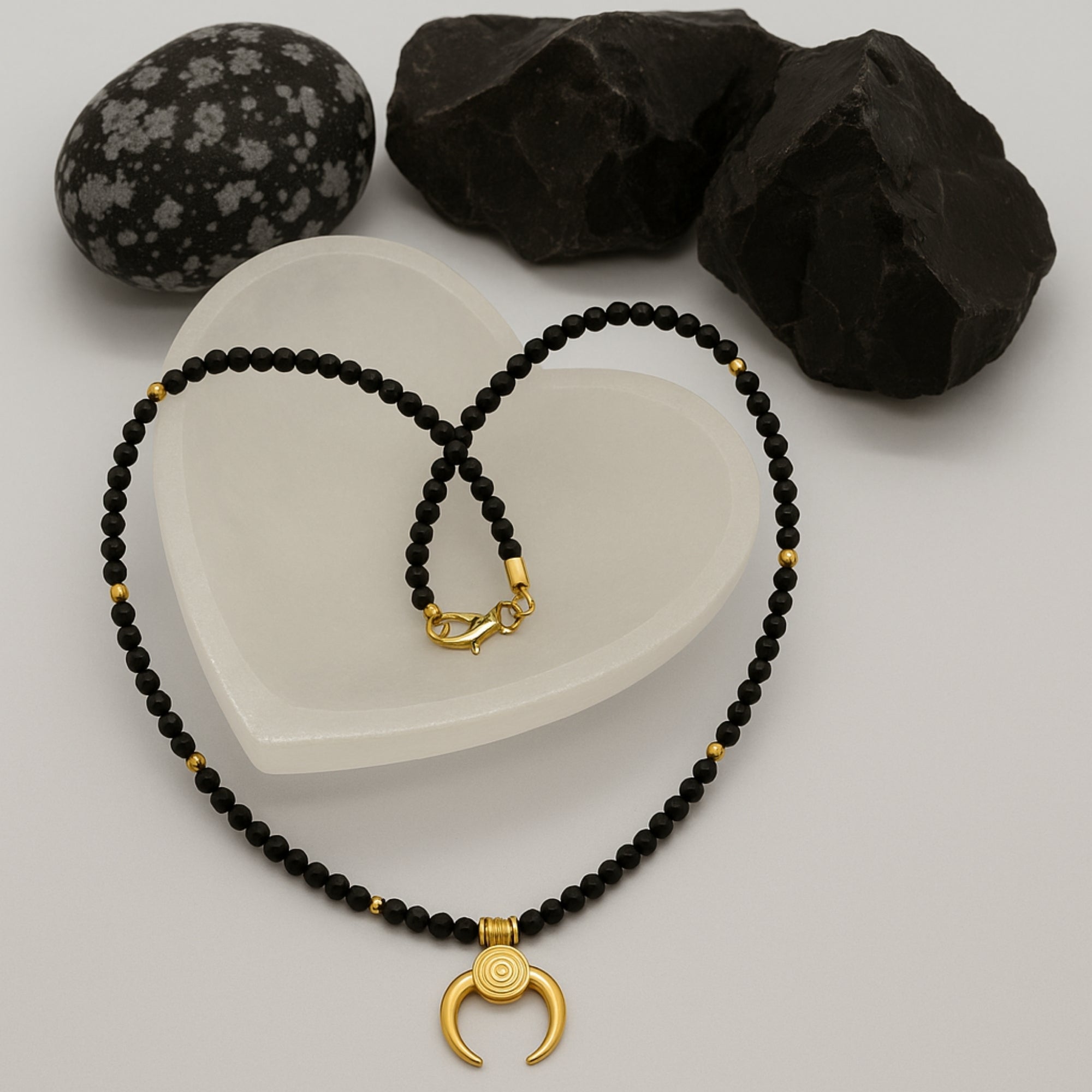 Black Obsidian Crescent Moon Necklace Gold Plated Protective Amulet Grounding & Intuition | Spiritual Jewelry for Energy Shield