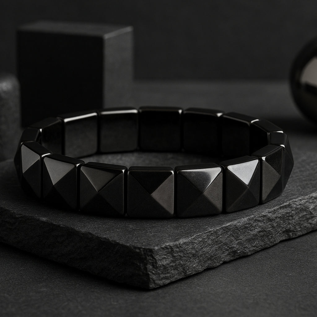 Obsidian Core Bracelet presented in an elegant gift box — the perfect spiritual gift for him or her. 12x12mm pyramid-cut Silver Obsidian luxury bracelet, handmade with natural gemstones. Ideal for birthdays, anniversaries, and spiritual milestones. Crystal healing bracelet, protection talisman, ready-to-gift crystal jewelry.
