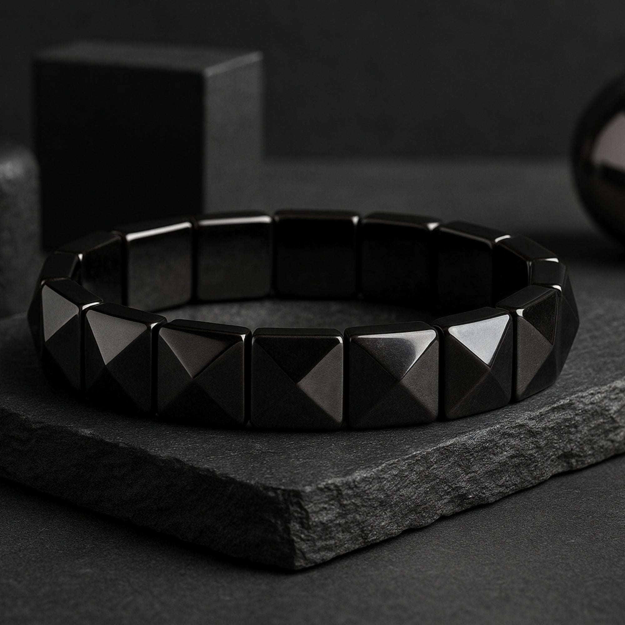 Obsidian Core Bracelet presented in an elegant gift box — the perfect spiritual gift for him or her. 12x12mm pyramid-cut Silver Obsidian luxury bracelet, handmade with natural gemstones. Ideal for birthdays, anniversaries, and spiritual milestones. Crystal healing bracelet, protection talisman, ready-to-gift crystal jewelry.
