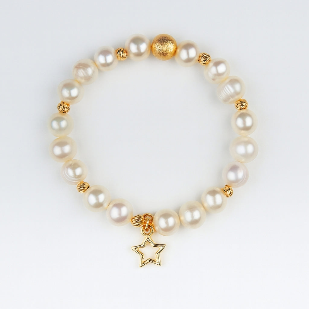 Pearl Charm Bracelet with 8mm genuine pearls - gold star charm a luxury celestial