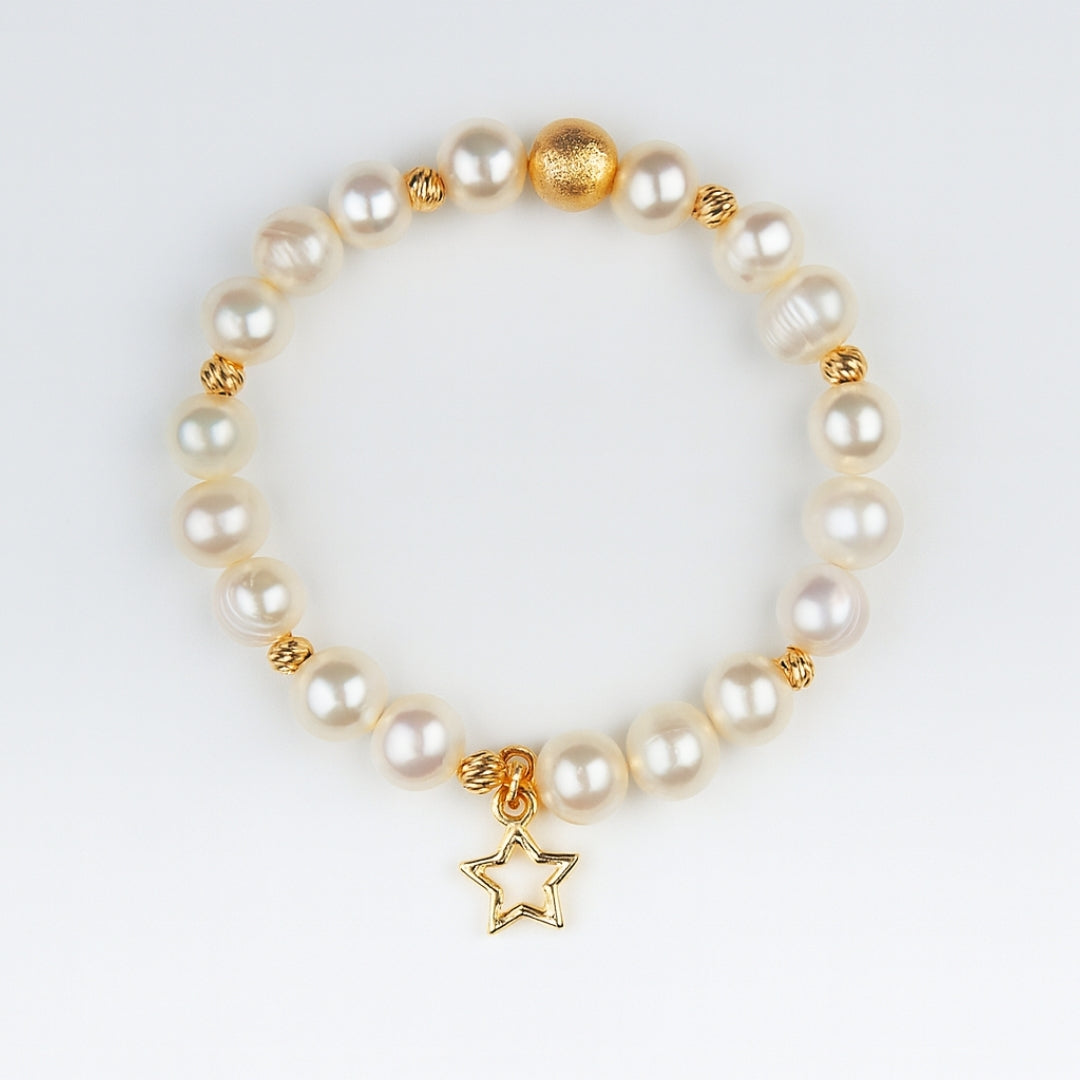 Pearl Charm Bracelet with 8mm genuine pearls - gold star charm a luxury celestial