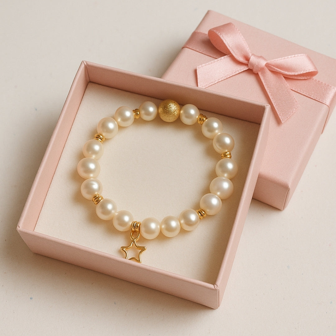 Pearl Charm Bracelet with 8mm genuine pearls - gold star charm a luxury celestial