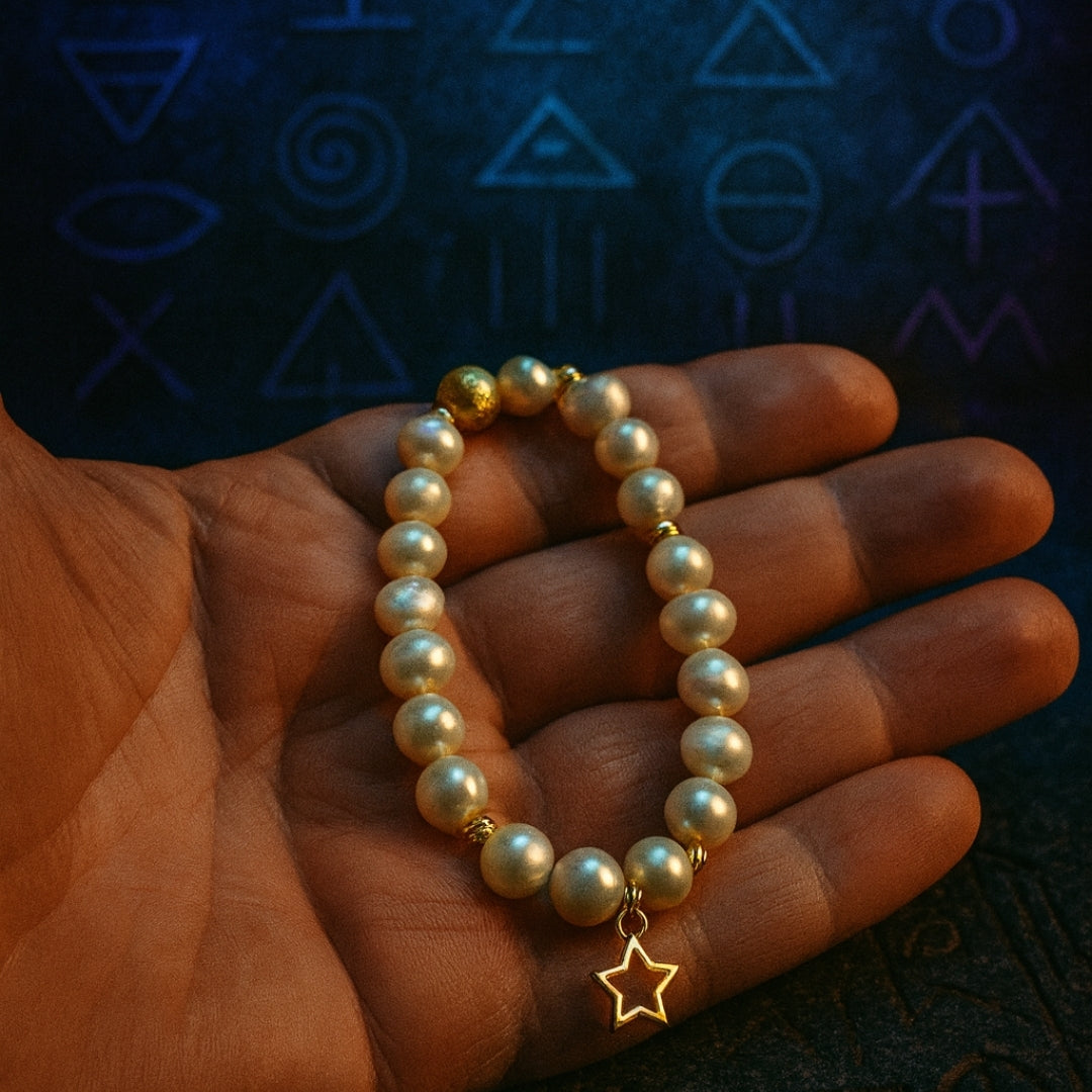 Pearl Charm Bracelet with 8mm genuine pearls - gold star charm a luxury celestial