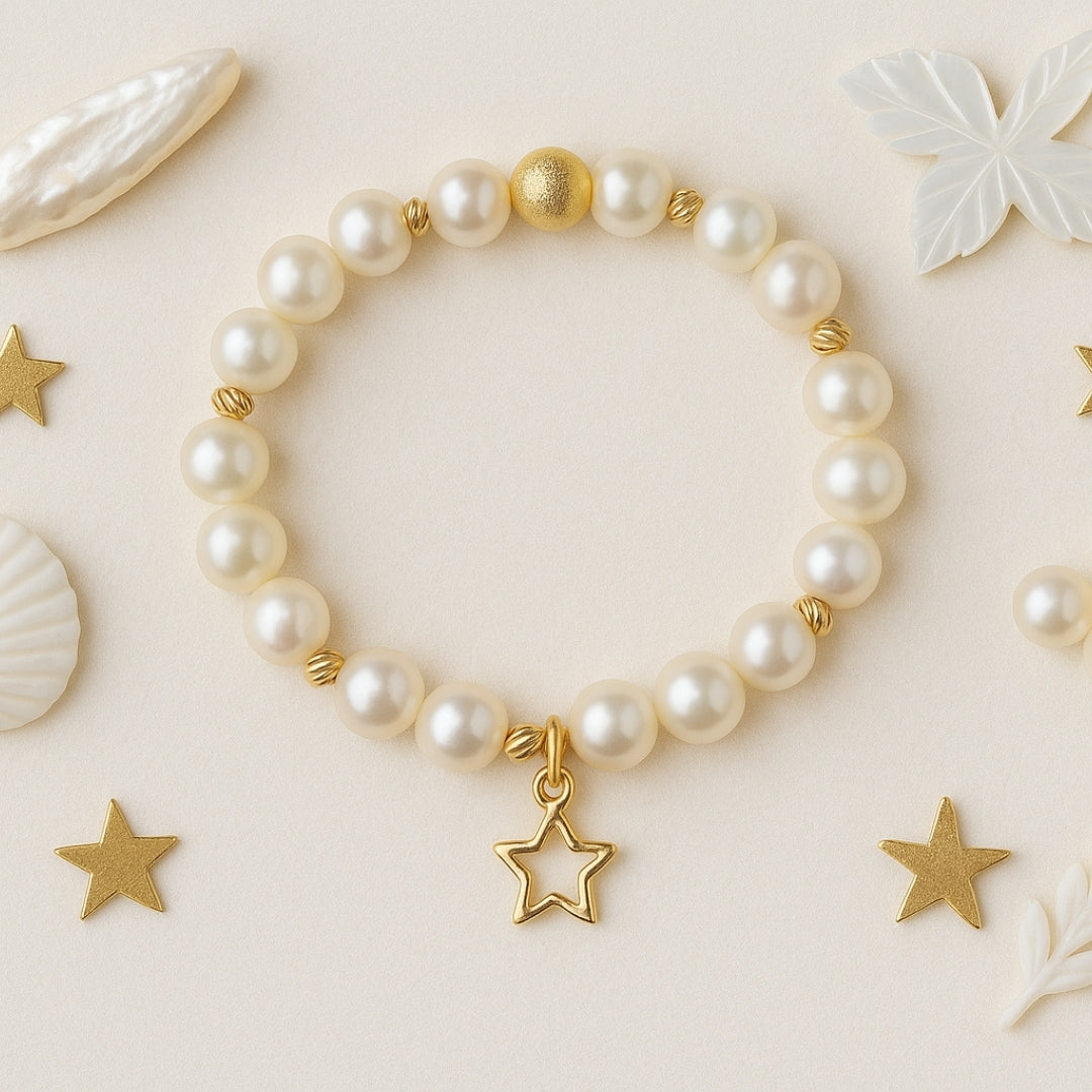 Pearl Charm Bracelet with 8mm genuine pearls - gold star charm a luxury celestial
